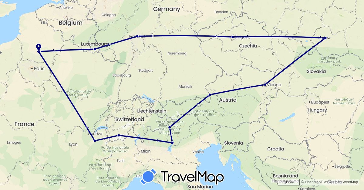 TravelMap itinerary: driving in Austria, Switzerland, Czech Republic, Germany, France, Italy, Luxembourg, Poland (Europe)